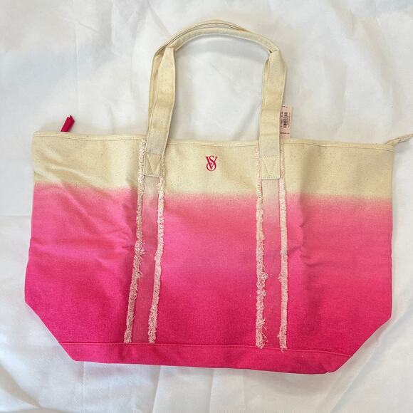 Victoria's Secret Pink Tote Weekender Bag Pink / Off White Fringe Canvas - Picture 2 of 5